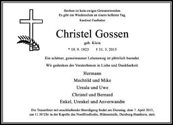 Todesanzeige von Gossen geb. Klein Christel von Rheinische Post
