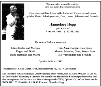 Todesanzeige von Hepp Hannelore von Rheinische Post