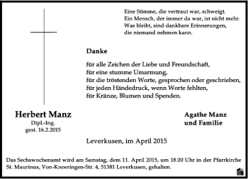Todesanzeige von Manz Herbert von Rheinische Post