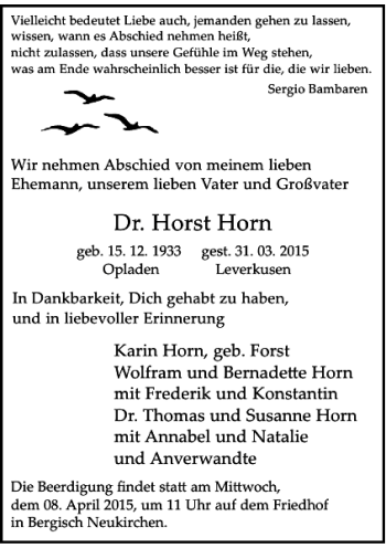 Todesanzeige von Horst Horn Dr. von Rheinische Post