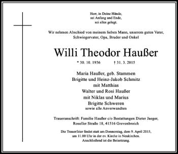 Todesanzeige von Theodor Haußer Willi von Rheinische Post