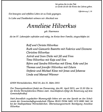 Todesanzeige von Hilverkus Anneliese von Rheinische Post