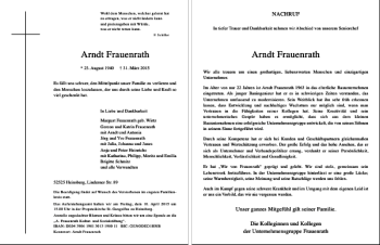 Todesanzeige von Frauenrath Arndt Frauenrath Arndt von Rheinische Post