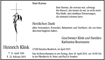 Todesanzeige von Klink Heinrich von Rheinische Post