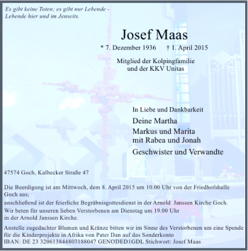 Todesanzeige von Maas Josef von Rheinische Post