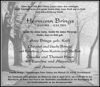 Todesanzeige von Brings Hermann von Rheinische Post