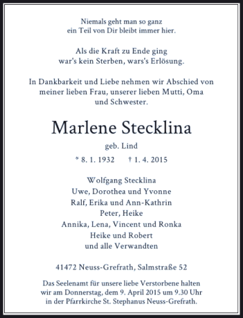 Todesanzeige von Steckline Marlene von Rheinische Post