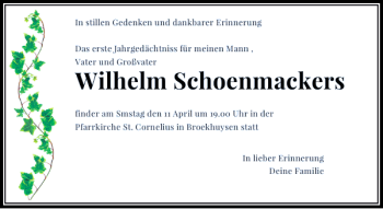 Todesanzeige von Schoenmackers Wilhelm von Rheinische Post
