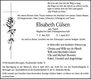 Todesanzeige von Cülsen Elisabeth von Rheinische Post