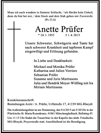 Todesanzeige von Prüfer Anette von Rheinische Post