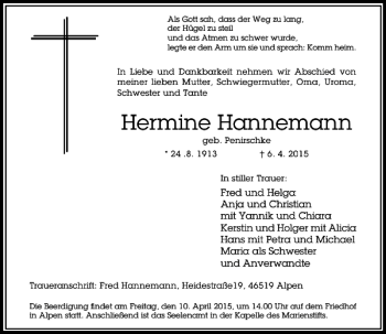 Todesanzeige von Hannemann Hermine von Rheinische Post
