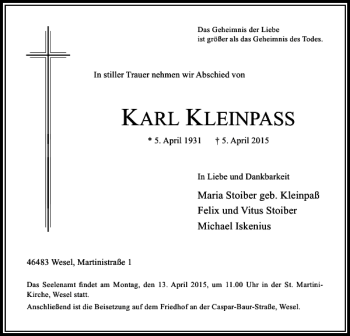 Todesanzeige von Kleinpass Karl von Rheinische Post