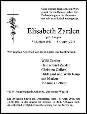 Todesanzeige von Zarden geb. Langen Elisabeth von Rheinische Post