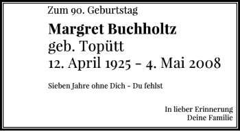 Todesanzeige von Buchholtzgeb. To Margret von Rheinische Post