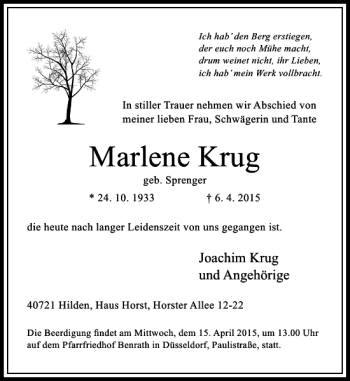 Todesanzeige von Krug geb. Sprenger Marlene von Rheinische Post