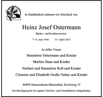 Todesanzeige von Josef Ostermann Heinz von Rheinische Post