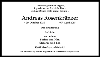 Todesanzeige von Rosenkränzer Andreas von Rheinische Post