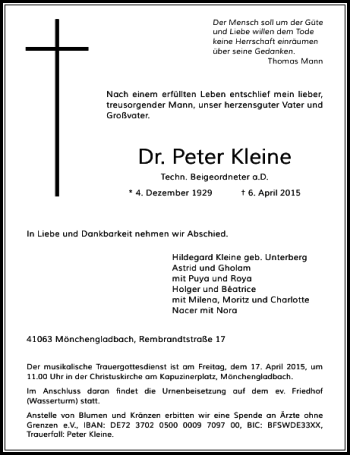 Todesanzeige von Peter Kleine Dr. von Rheinische Post