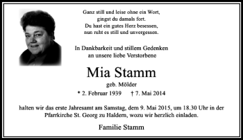 Todesanzeige von Stamm Mia von Rheinische Post