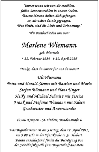 Todesanzeige von Wiemann Marlene von Rheinische Post