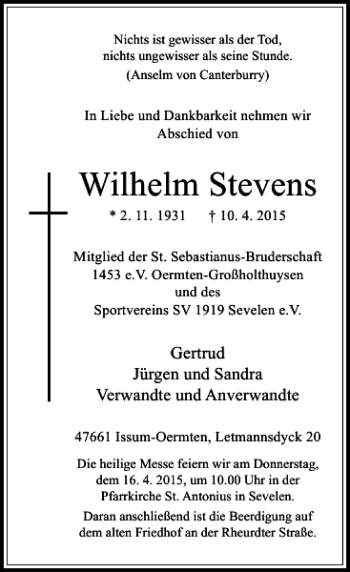 Todesanzeige von Stevens Wilhelm von Rheinische Post