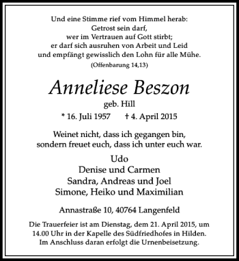 Todesanzeige von Beszon Anneliese von Rheinische Post