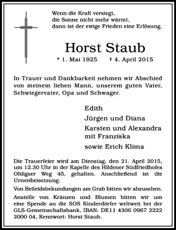 Todesanzeige von Staub Horst von Rheinische Post