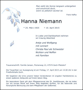 Todesanzeige von Niemann Hanna von Rheinische Post