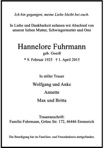 Todesanzeige von Fuhrmann Hannelore von Rheinische Post