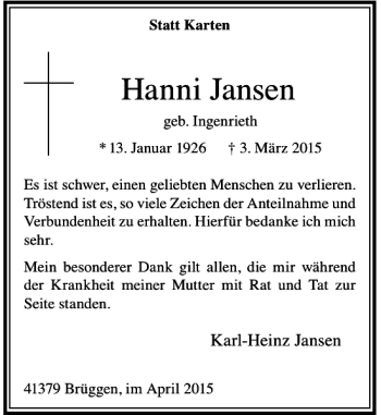 Todesanzeige von Jansen geb. Ingenrieth Hanni von Rheinische Post