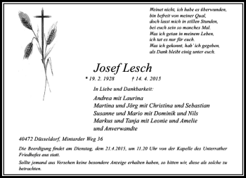 Todesanzeige von Lesch Josef von Rheinische Post