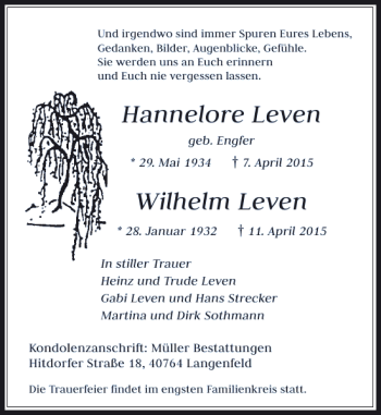 Todesanzeige von Leven Hannelore von Rheinische Post