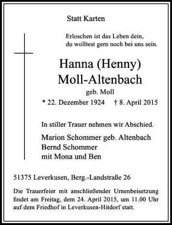 Todesanzeige von (Henny) Moll-Altenbach Hanna von Rheinische Post