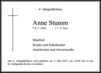Todesanzeige von Stumm Anne von Rheinische Post
