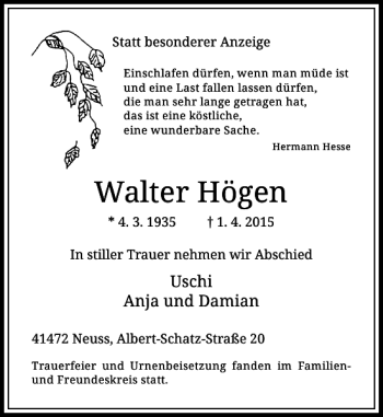 Todesanzeige von Högen Walter von Rheinische Post