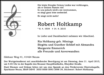 Todesanzeige von Holtkamp Robert von Rheinische Post