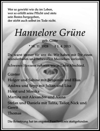 Todesanzeige von Grüne Hannelore von Rheinische Post