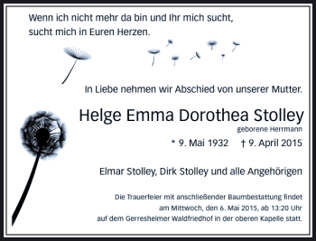 Todesanzeige von Emma Dorothea Stolley Helge von Rheinische Post