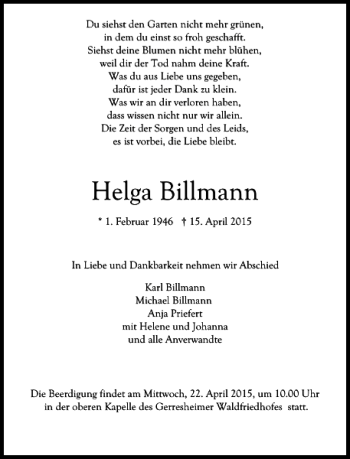 Todesanzeige von Billmann Helga von Rheinische Post