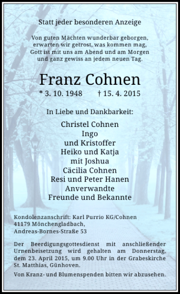 Todesanzeige von Cohen Franz von Rheinische Post