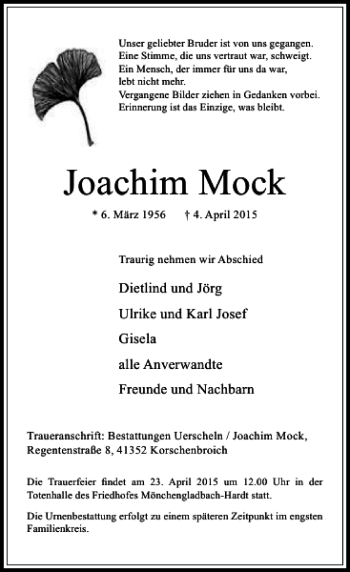 Todesanzeige von Mock Joachim von Rheinische Post