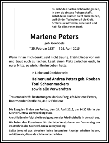 Todesanzeige von Peters Marlene von Rheinische Post
