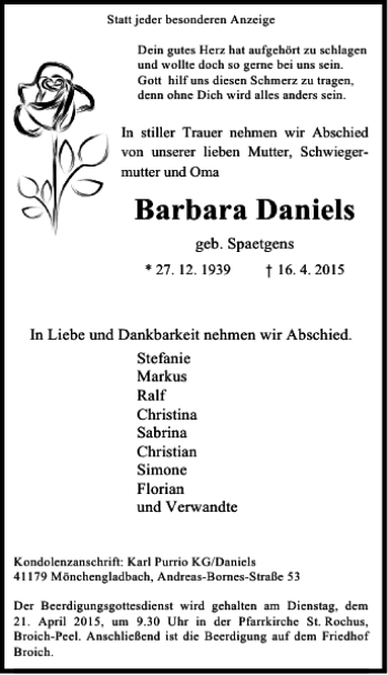 Todesanzeige von Daniels Barbara von Rheinische Post