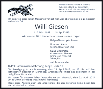 Todesanzeige von Giesen Willi von Rheinische Post