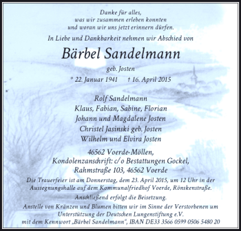 Todesanzeige von Sandelmann Bärbel von Rheinische Post