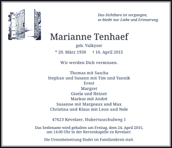 Todesanzeige von Tenhaef Marianne von Rheinische Post