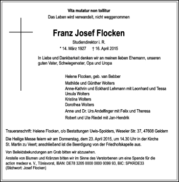 Todesanzeige von Josef Flocken Franz von Rheinische Post
