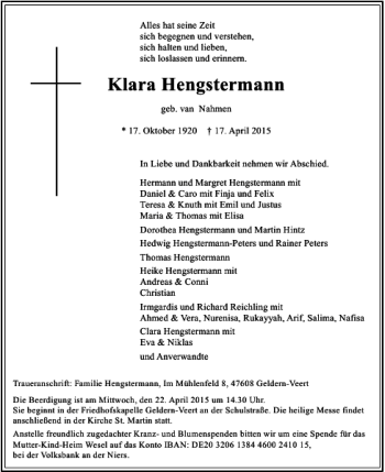 Todesanzeige von Hengstermann Klara von Rheinische Post