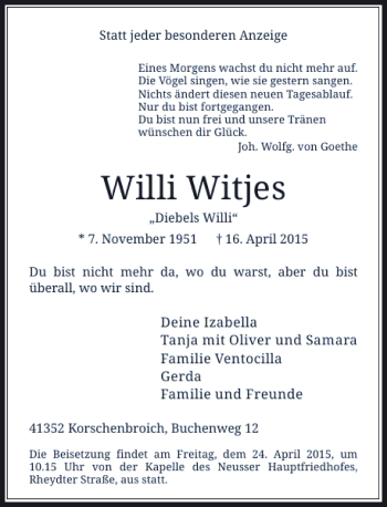 Todesanzeige von Witjes Willi von Rheinische Post