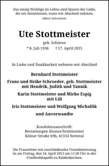 Todesanzeige von Stottmeister Ute von Rheinische Post